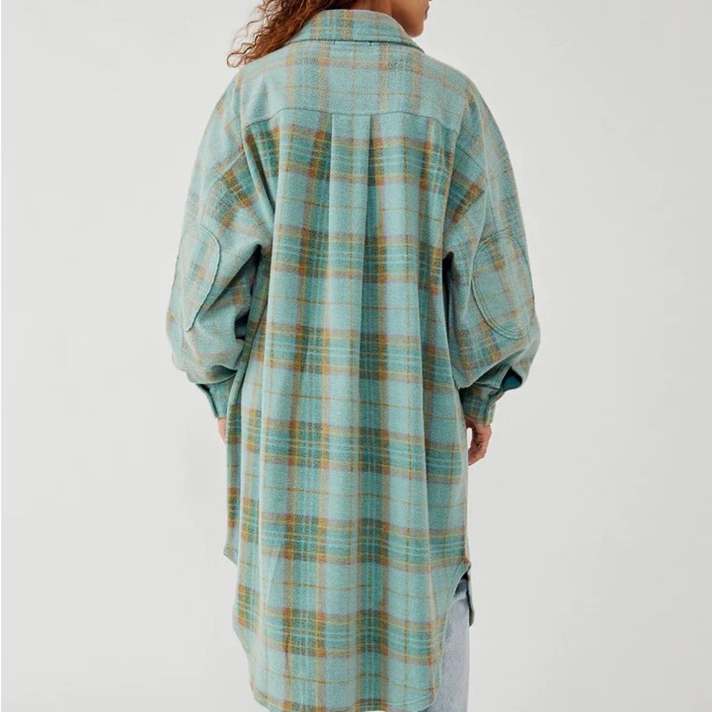 Free People Aqua Plaid Long Shacket with Gold & Green Accents - Picture 3 of 6